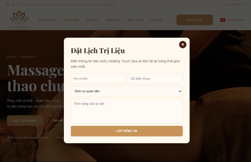 Chức năng đặt lịch website Spa Massage