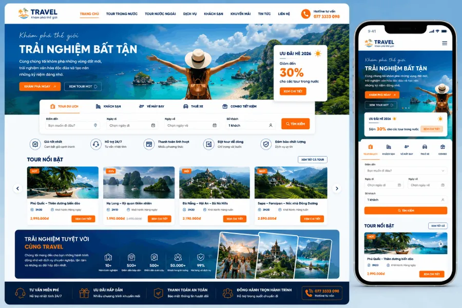 Thiết kế web du lịch đẹp hiện đại phù hợp xu hướng 2026