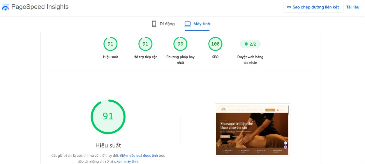 Kết quả tốc độ website Spa được thiết kế bởi DonaWeb