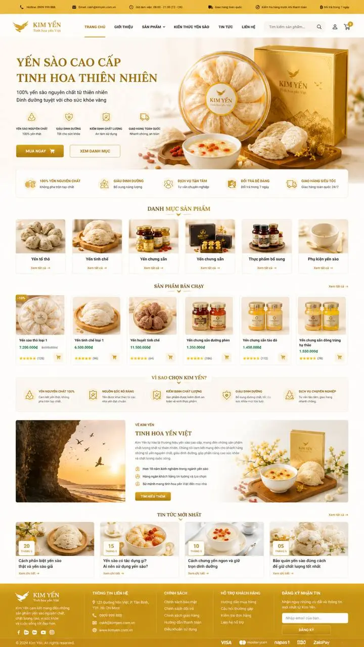 Mẫu website bán yến sào đẹp tone màu vàng 